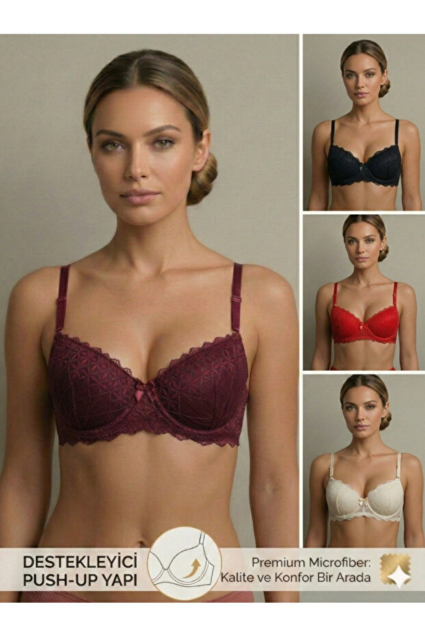 4-Piece Back-Crossed Lace Piece Padded Assorted Bra Set