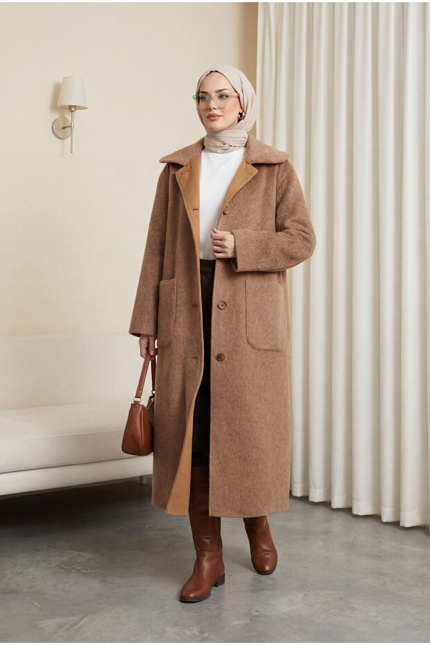 Buttoned Pocketed Coat - Tan