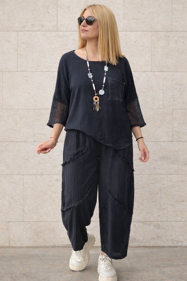 Women's 100% Linen Fabric Mesh Pocket Trucker Sleeve Blouse and Mesh Detailed Tassel Trousers 2-Piece Combination with Surprise Bracelet Gift