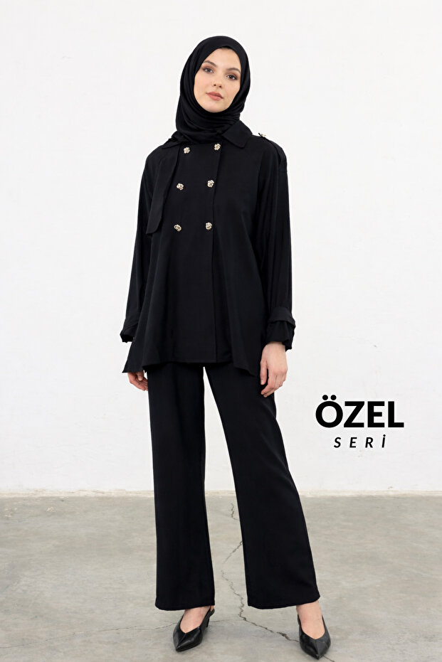 Oversized Cut Double-Button Detail Modest Women's Woven Set 3159 – Special Series