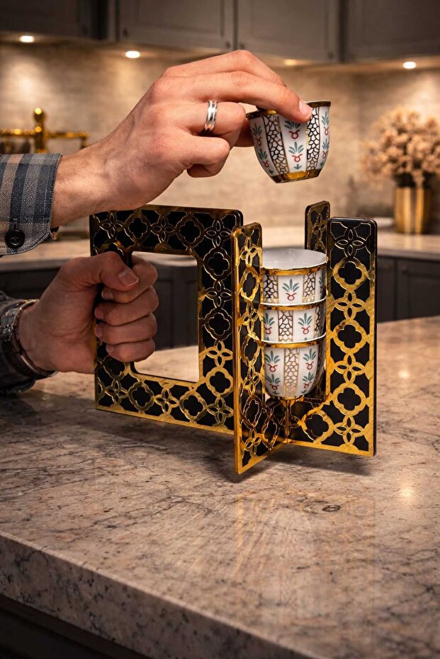 حامل فناجين القهوة العربية، حامل فناجين باللون الأسود والذهبي الأصفر، حامل القهوة 19x15x26 سم