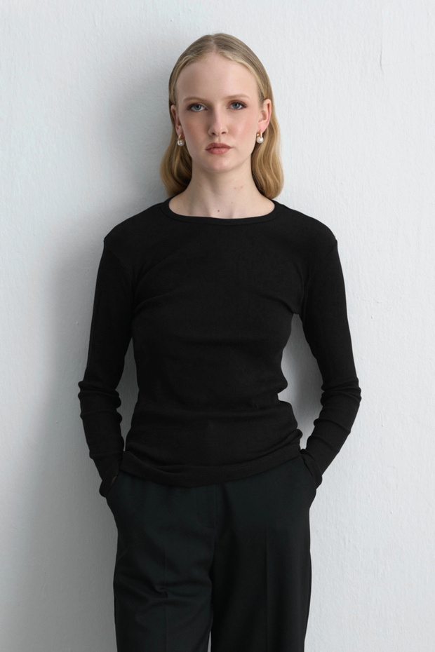 Mânecă lungă basic Bumbac tricou - Negru - 5
