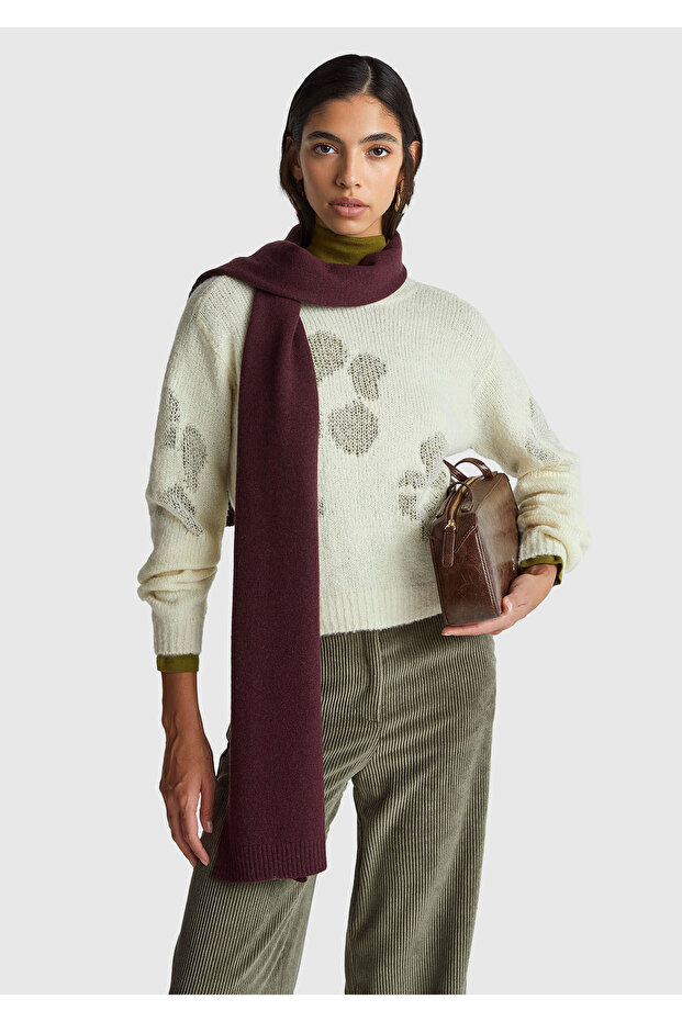 Women's Cream Wool Blend Patterned Crew Neck Sweater