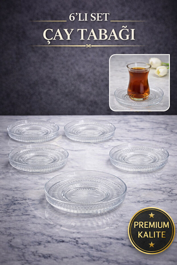 Handmade Elena 6 Pieces Glass Tea Plate (Elysi̇a Tea Bardak Compatible.)