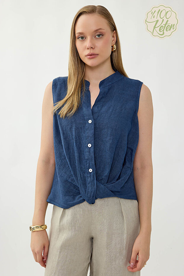 بلوزة من الكتان بنسبة 100% مع أزرار أمامية وربطة أمامية - 1