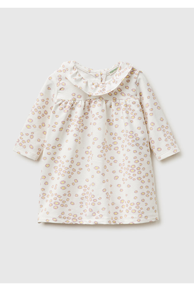 Baby cream Printed button-back long sleeve ruffle collar dress