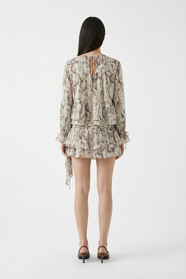 Patterned Ruffled Mini Skirt Beige - 5