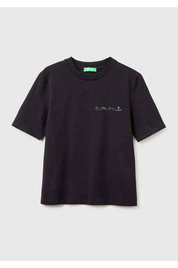 Women's Black Cotton Blend Sequined Embroidered Crew Neck T-Shirt