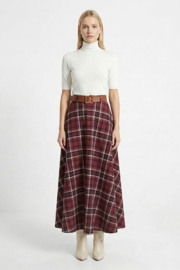 Burgundy Patterned Belted Skirt 1344 - 2