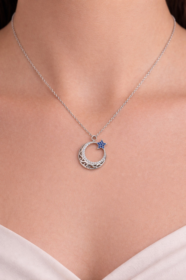Moon Star Necklace with Stones