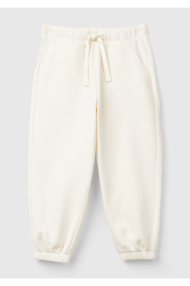 Girl's Ecru Sweatpants with Logo Detail on the Back, Elastic Waist and Drawstring, Sh Brushed Inside