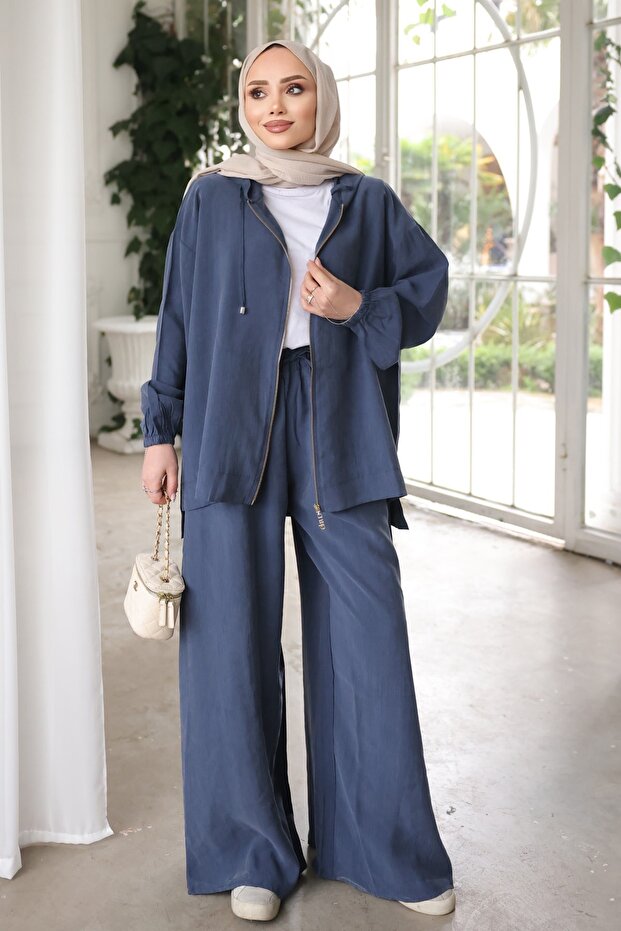 Navy Blue Hooded Wide-Leg Jacket and Pants Set