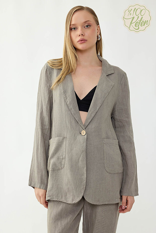 سترة من الكتان بنسبة 100% مع جيب بزر واحد - 1