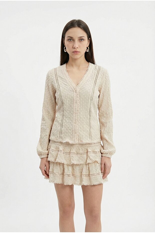 V-Neck Textured Shirt Beige
