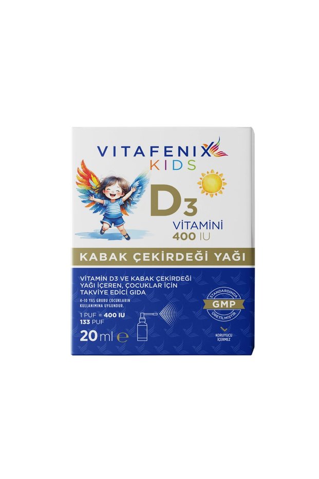 Çocuklar için Vitamin D3 (400IU) ve Kabak Çekirdeği Yağı İçeren Takviye Edici Gıda 20 ml Sprey
