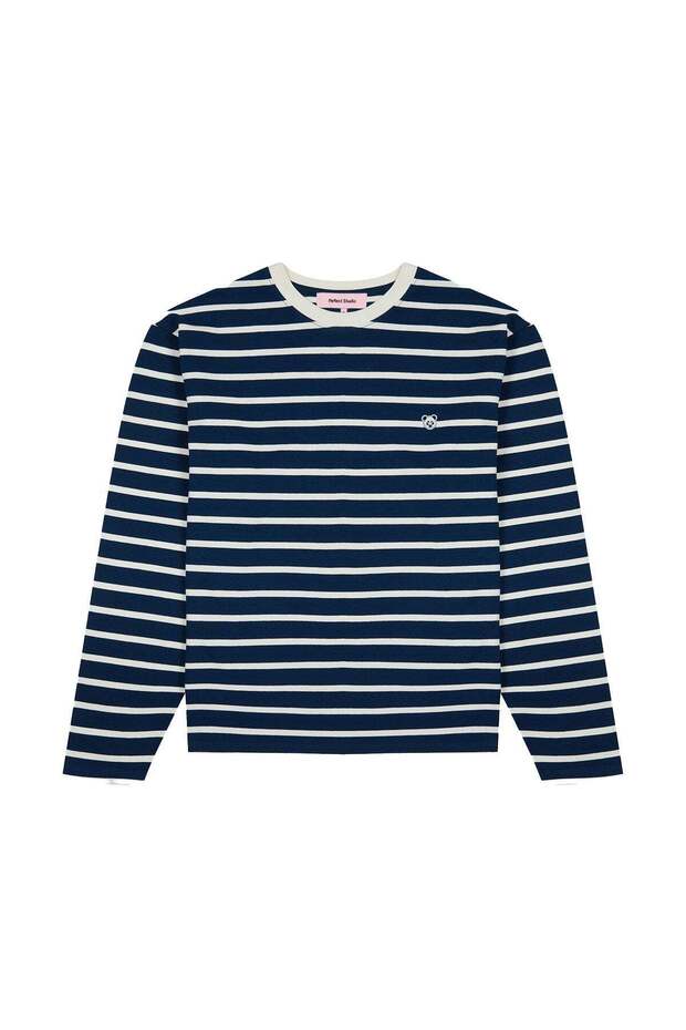 Panda Long Sleeve Striped T-Shirt - Navy Blue / Ecru
