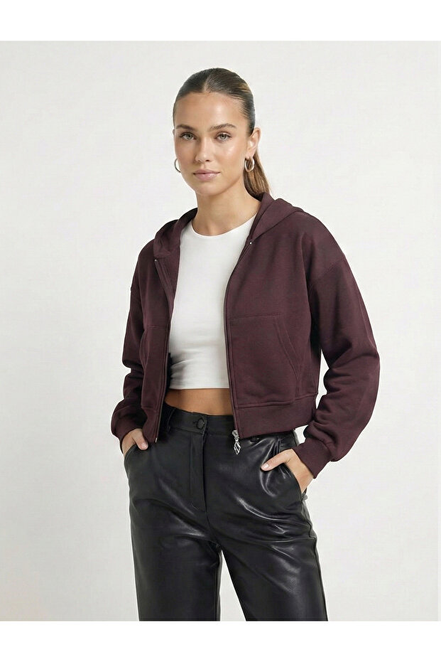 Women's Burgundy 2 Thread Zippered K Hooded Short Sweatshirt Nj35