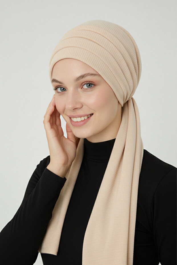 Corded Fabric Combed Cotton Binding Beige Ready-To-Wear Turban Hijab Bonnet Suitable for Medical Use