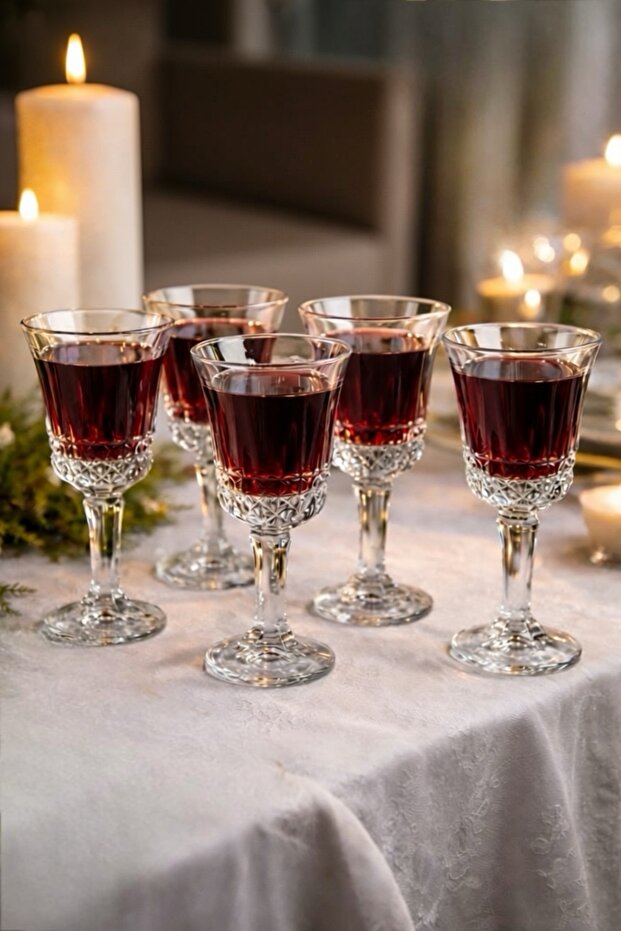 Crystal Patterned Footed Glass - Glass - Wine Glass - Soft Drink Glass 6 Pieces