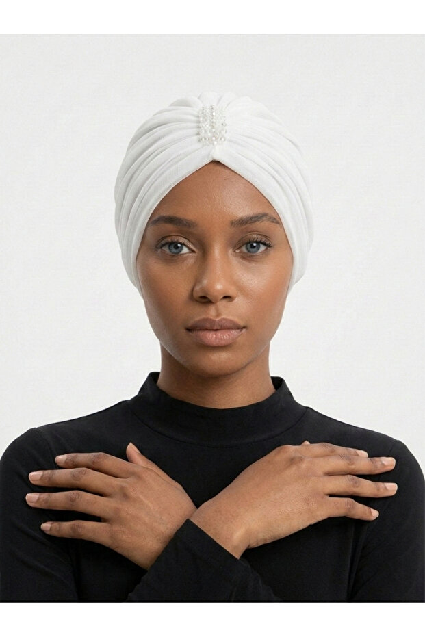 Design Tulle Crystal Stone Embroidered Double Sided Lined Ecru Ready Scarf Hijab Evening Dress Bonnet