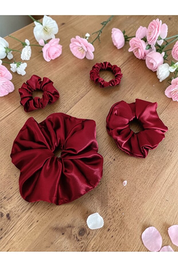 Women's Burgundy 4-Piece Satin Scrunchie Hair Rubber Set - Bagel Buckle (Oversize, Large, Medium, Mini Size)