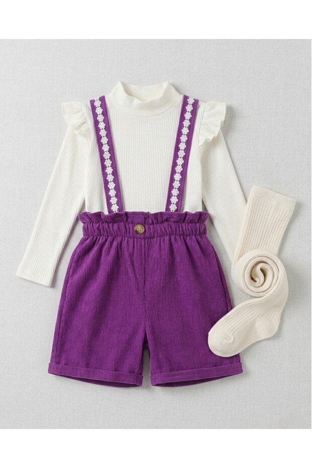 Girl's 2-3-4-5-6 Year Old Velvet Shorts 2-Piece Salopet Dress and Badi L Pantyhose with Gift