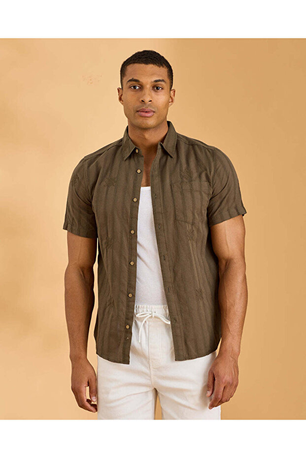 Men Brown Seersucker Cotton Shirt