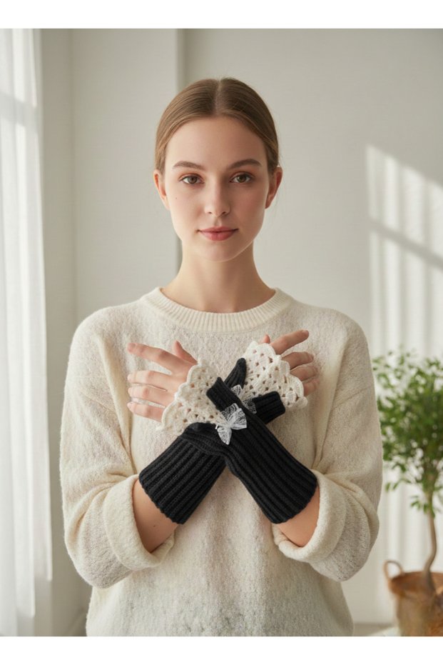 Black Hand Knitted Lace Fingerless Gloves Women's Lace Detailed Bohemian Stylish Hand Wrist Accessory