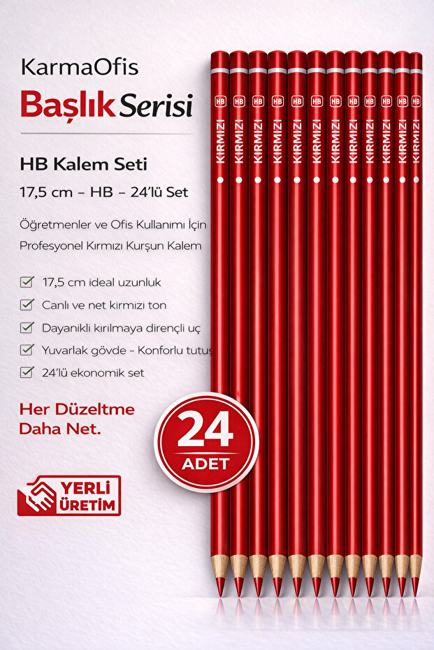 Red Cap Pencil Hb 17.5 cm 24 Pieces – Teacher's Correction Pencil – Domestic Production