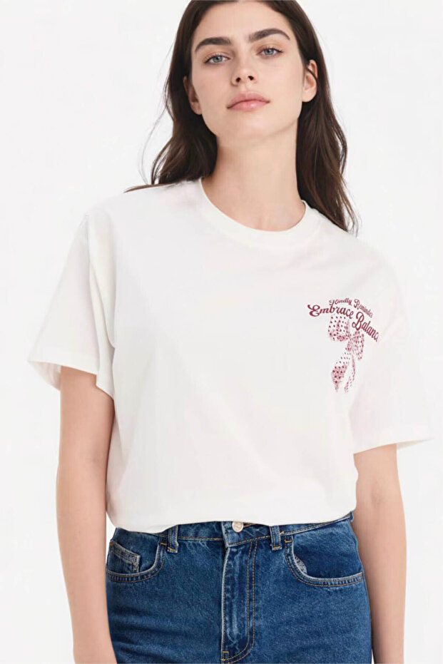 Oversıze Baskılı Beyaz Kadın T-Shirt G5906AX/WT32