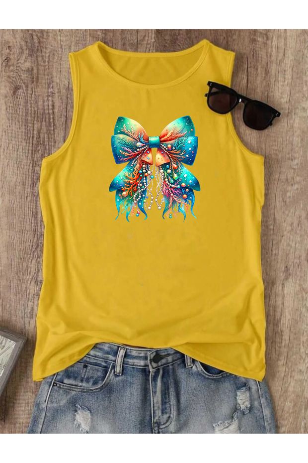 Yaz Beach Ribbon Summer Printed Summer Sleeveless Crew Neck Women's Tshirt