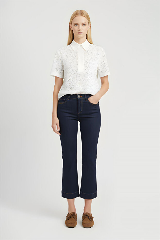 Navy Blue Mid-Waist Bell-Bottom Denim Trousers