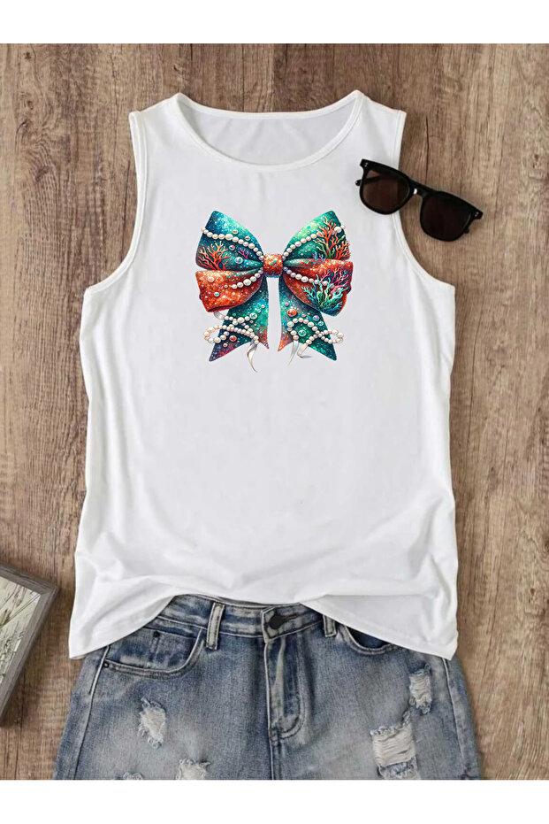 Yaz Beach Ribbon Summer Printed Summer Sleeveless Crew Neck Women's Tshirt