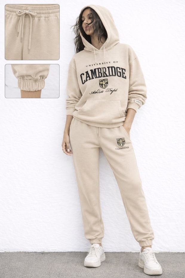 Markatem3Iplik Cotton Back Panel Printed Hooded Oversize Hoodie Sweat Pantalon Set Feeling Printed