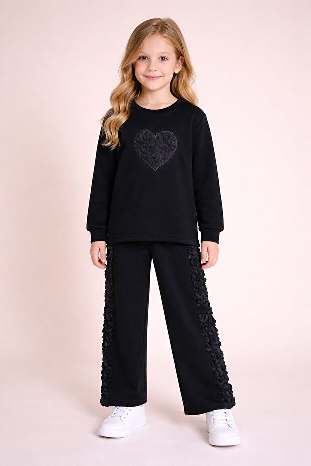 Black Rose Detailed Wide-Legged Pants Girl's 2-Piece Set 23729