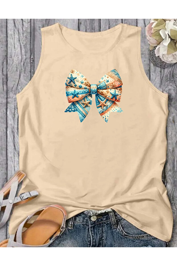 Yaz Beach Ribbon Summer Printed Summer Sleeveless Crew Neck Women's Tshirt