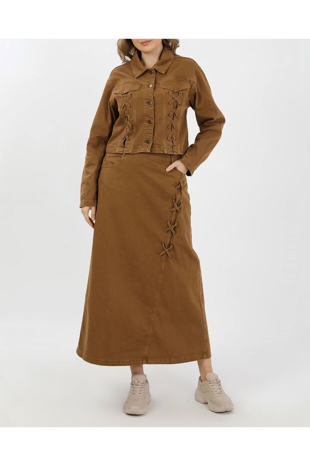 Denim Jacket and Skirt with Lace Detailing-Camel