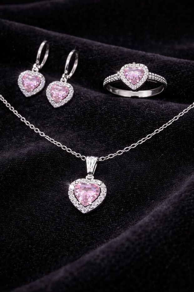 316L Steel Silver Color Pink Stone Set