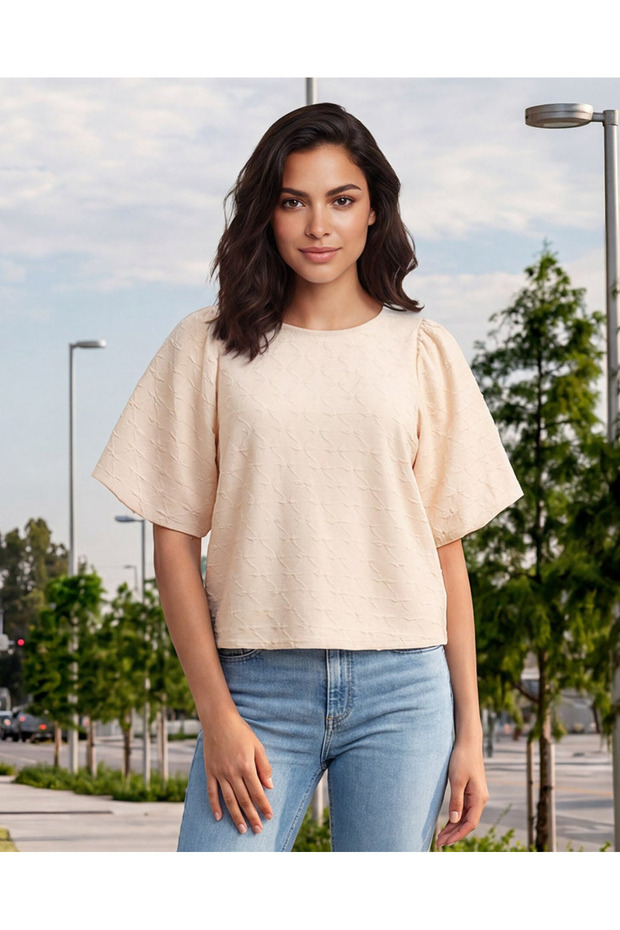 Women Beige Textured Blouse With Cutout Balloon Sleeves