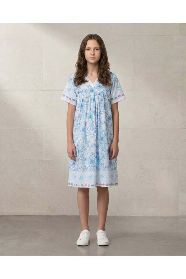 Senior Girls Blue Floral Short Sleeve Nightgown