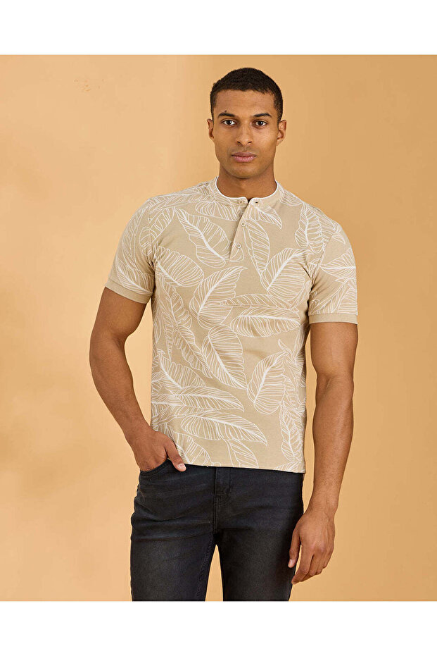 Men Beige Standup Collar Polo Shirt