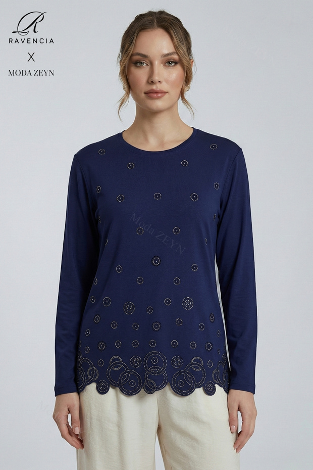 Women's Navy Blue Ring Patterned Stoned Slit Lycra Mother Combed Cotton Blouse
