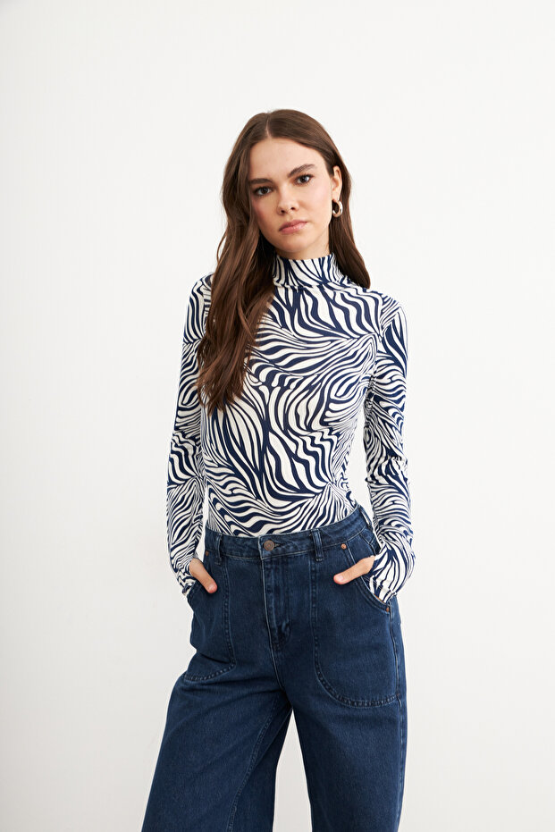 Women's Indigo Short Wave Patterned Body Suit with Finger Detail