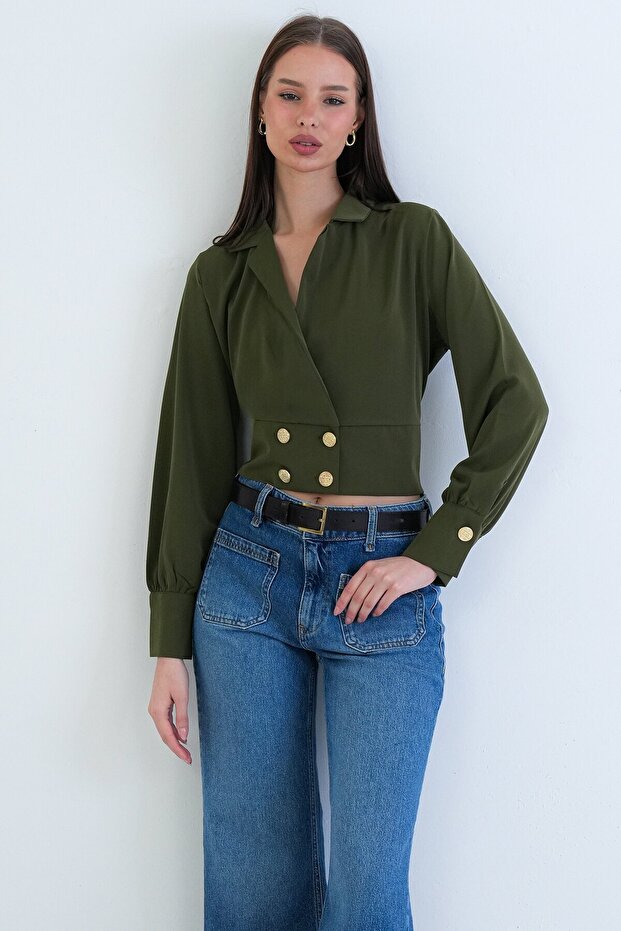 سترة قصيرة بياقة مزدوجة وأزرار - 1