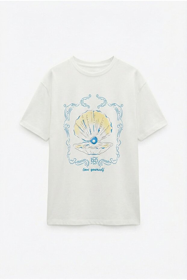 Printed Stone Detailed T-Shirt Ecru