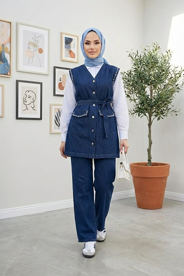 Women's Stone Embellished Belted Vest-Pants Dark Denim Blue Two-Piece Set