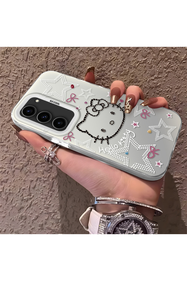 Silicone Edge Hard Back Phone Case Compatible with Samsung Galaxy S23 Kitty Pattern