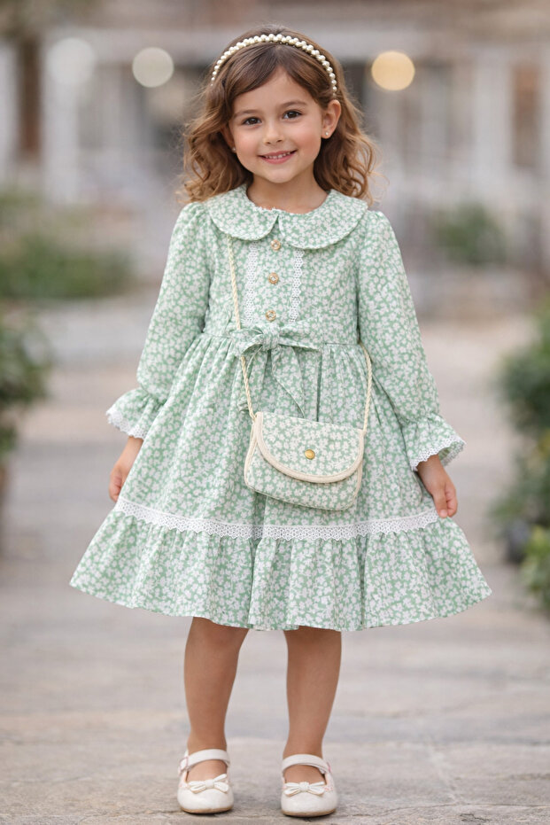 Girl's Floral Patterned Dress with Bag, Elegant and Stylish Model