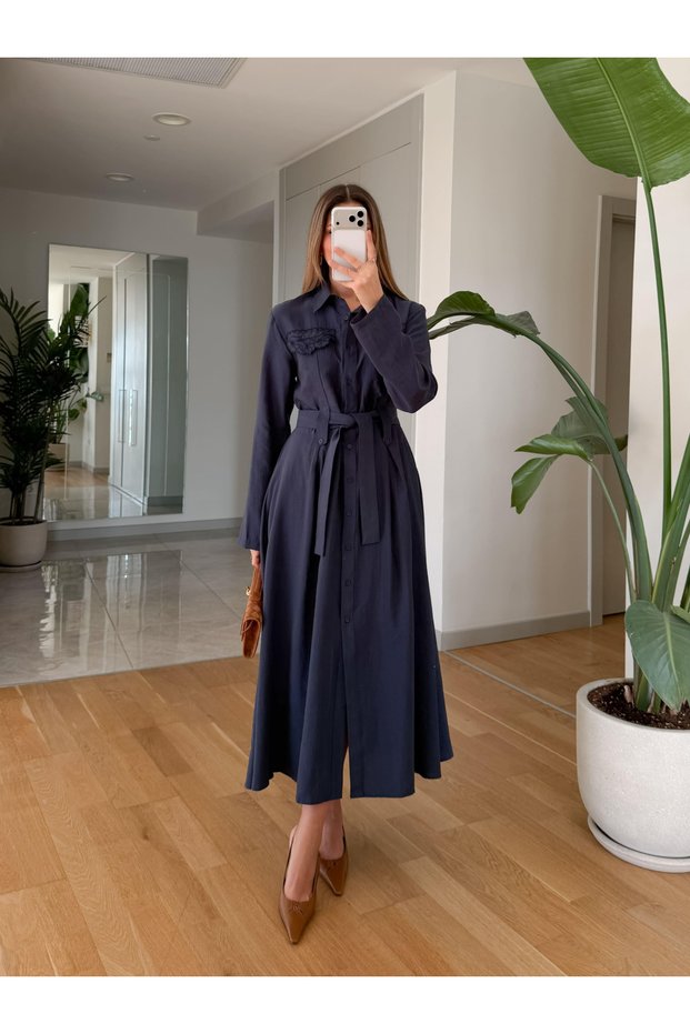 Navy Blue Dress with Pocket Embroidery Detail - 26Y313