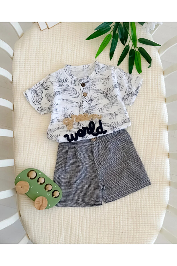 Green World Embroidered Wooden Button Detailed Summer 2-Piece Set